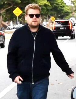 James Corden was spotted in Brentwood climbing into his Aston Martin Rapide sportscar.