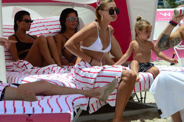 Hailey Baldwin and Kourtney Kardashian are seen out and about at the beach wearing bikinis on June 11 2017 in Miami Florida.