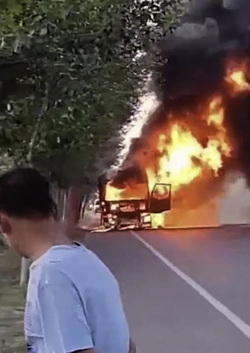 Moment Hero Driver Speeds Out Of Town In Burning Lorry
 video available 