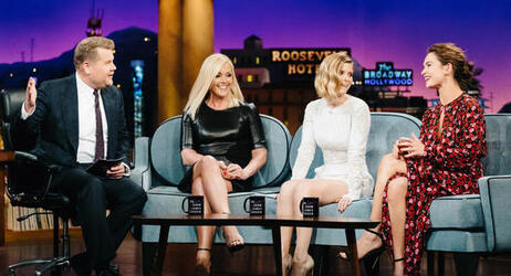 JAMES CORDEN FIRES FRUIT AT LILY JAMES AND KATE MARA ON THE LATE SHOW PICS