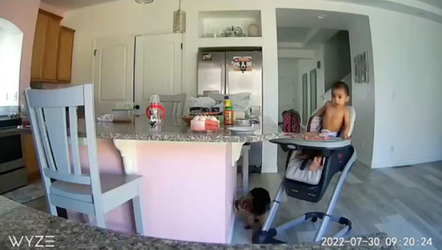 Inquisitive toddler nearly falls from highchair before super mum catches her Inquisitive toddler nearly falls from highchair before super mum catches her